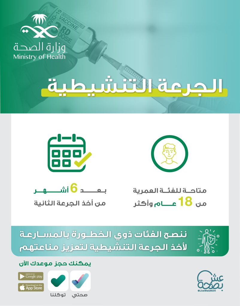 وزارة الصحة تتيح حجز مواعيد الجرعة الثالثة عبر تطبيق توكلنا أو صحتي